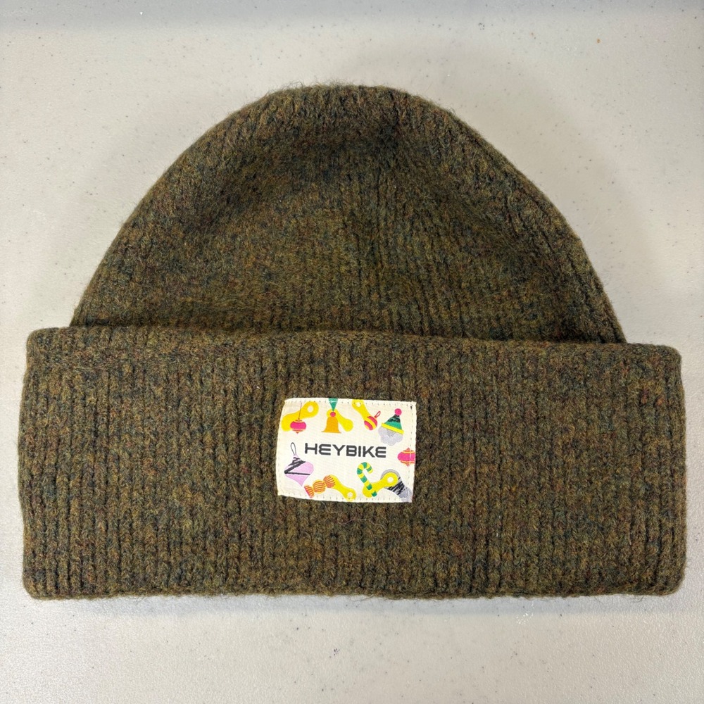 Heybike Olive Green Marl Knit Cuffed Beanie Hat Christmas Holiday Graphic Patch